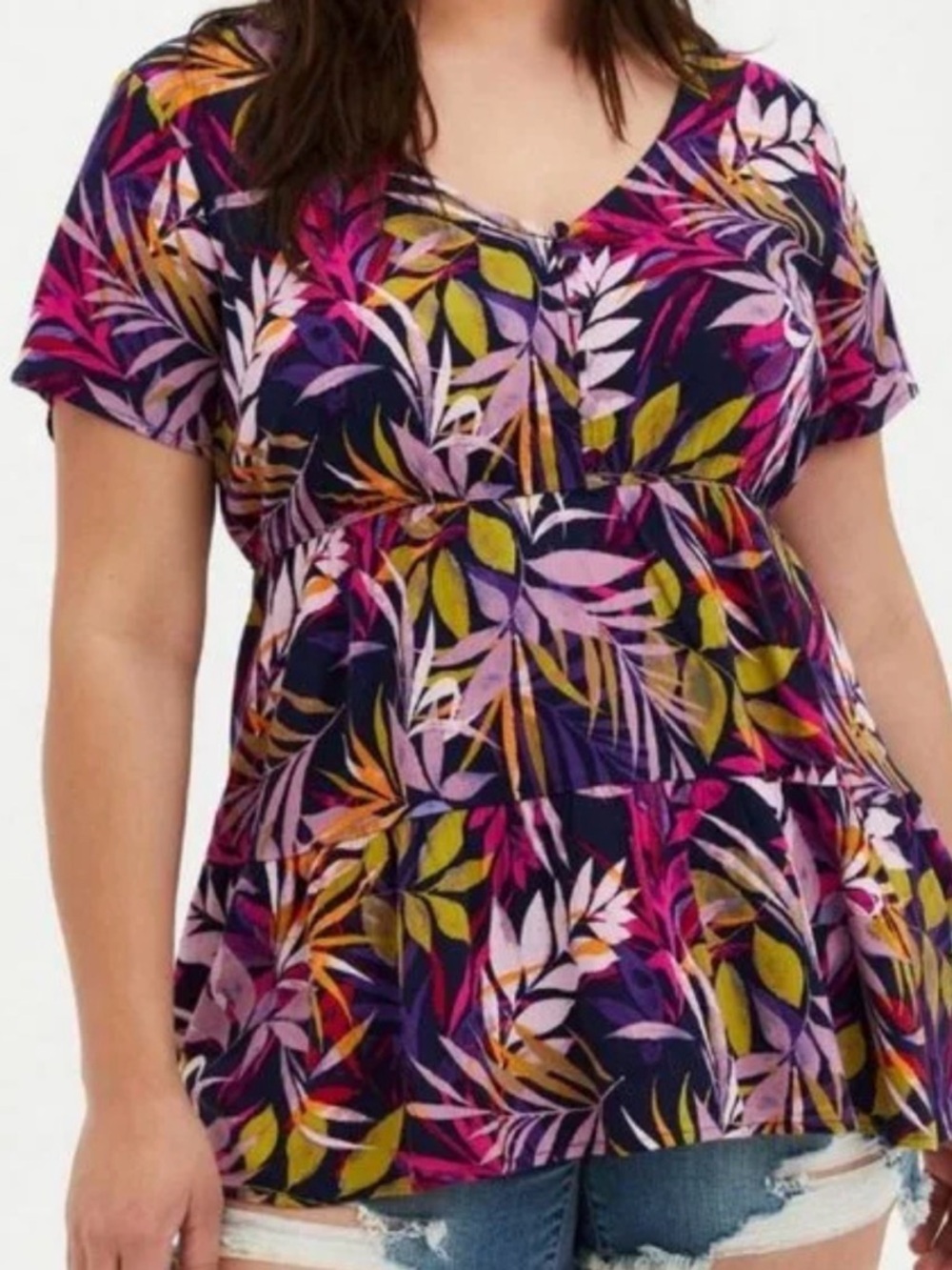 Torrid Womens Size 5X Top Blue Tropical Leaf Short Sleeves V-neck 1/4 Button